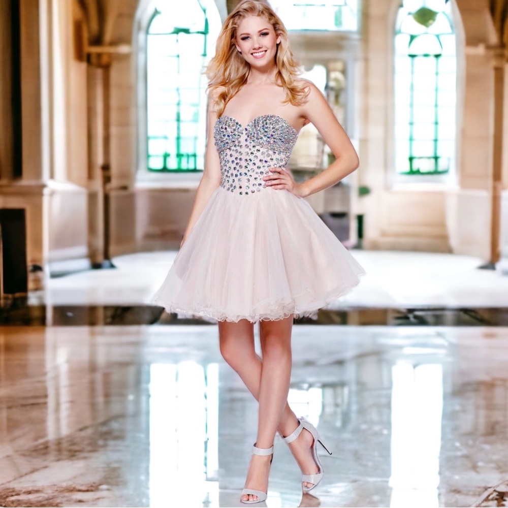 SM or XS Soft Pastel Nude Jewel Embellished Strapless Bodice Flirty Tulle Skirt